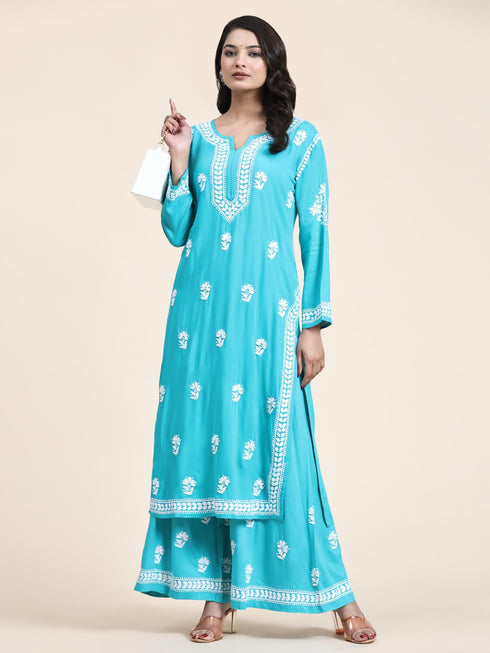 Noor Chikankari CO-ORD Set In Rayon for Women In Blue Turquoise